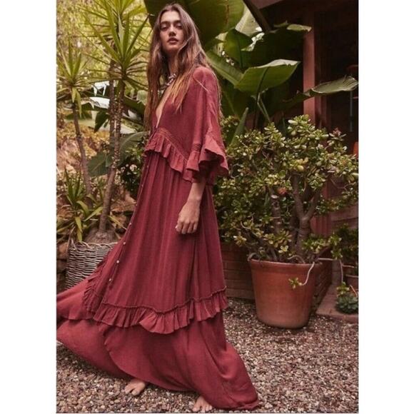 Free People Paradiso Burnt Orange/Rust Maxi Dress Size M Boho Relaxed Flowy - Picture 1 of 16